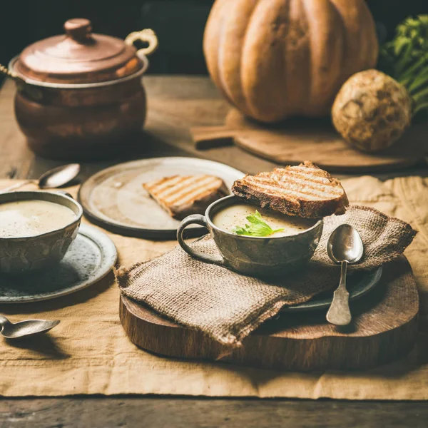 Outono Jantar Casa Inverno Sopa Creme Aipo Aquecimento Queda Xícara — Fotografia de Stock