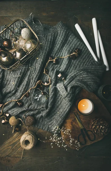 Natale Capodanno Vacanza Umore Festivo Flat Lay Maglione Lana Grigia — Foto Stock