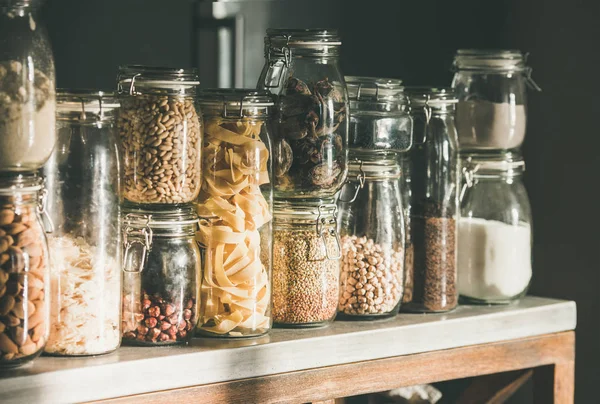 Rustic Kitchen Food Storage Arrangement Grains Cereals Nut Dry Fruit — Stock Photo, Image