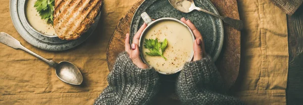 Outono Jantar Casa Inverno Flat Lay Outono Aquecendo Sopa Creme — Fotografia de Stock