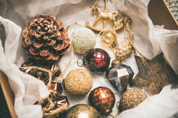 Noel Yeni Yıl Hazırlıkları Düz Lay Çeşitli Vintage Noel Ağacı — Stok fotoğraf