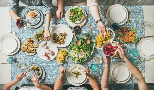 Mediterranean Style Dinner Flat Lay Table Salads Starters Pastries Blue — Stock Photo, Image