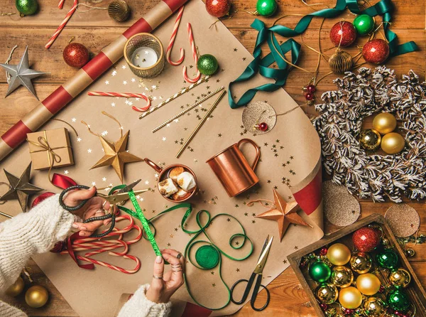 Preparing New Year Chrismtas Flat Lay Hot Chocolate Marshmallows Woman — Stock Photo, Image