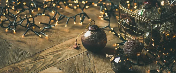 Kerstmis Nieuwjaar Achtergrond Vakantie Voorbereiden Kerstboom Speelgoed Decoratie Ballen Vintage — Stockfoto