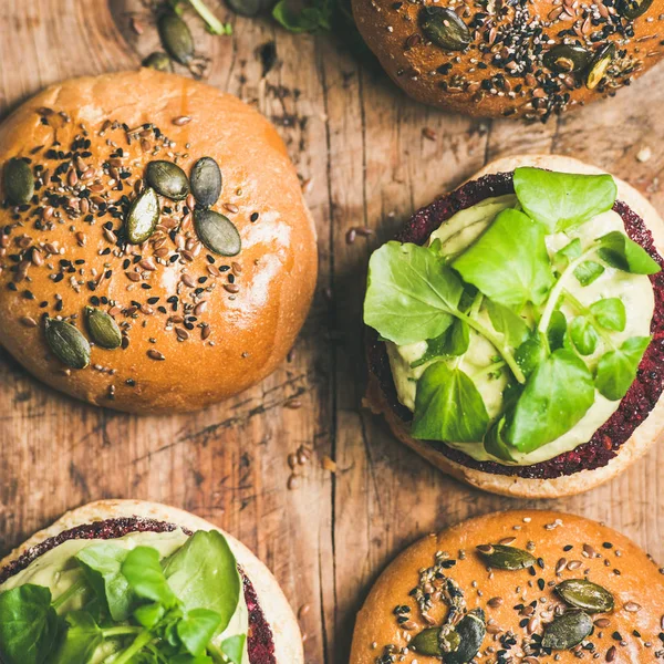 Flat Lay Healthy Vegan Burgers Quinoa Beetroot Patties Avocado Cream — Stock Photo, Image