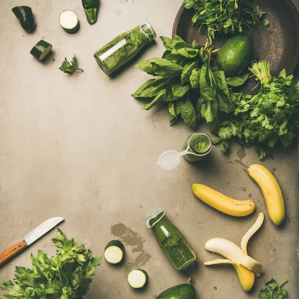 Így Zöld Detox Elvitelre Smoothie Lakás Lay Összetevők Smoothie Konkrét — Stock Fotó