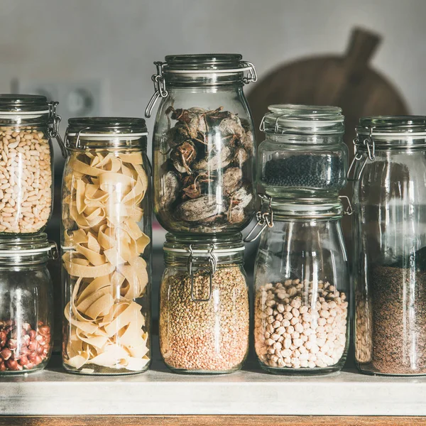 Kitchen Food Storage Arrangement Grains Cereals Nuts Dry Fruit Flour — Stock Photo, Image