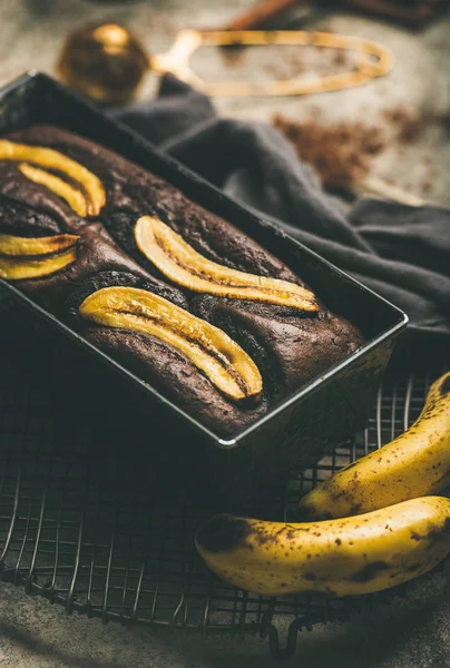 Freshly Baked Dark Chocolate Banana Bread Cake Dessert Baking Tin — Stock Photo, Image