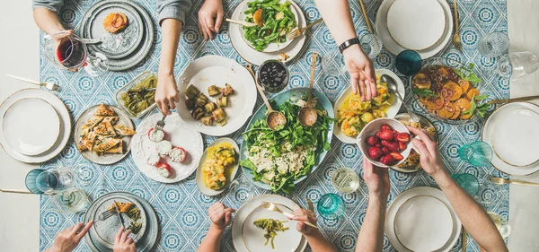 Mediterranean Style Dinner Flat Lay Table Salad Starters Pastries Blue — Stock fotografie