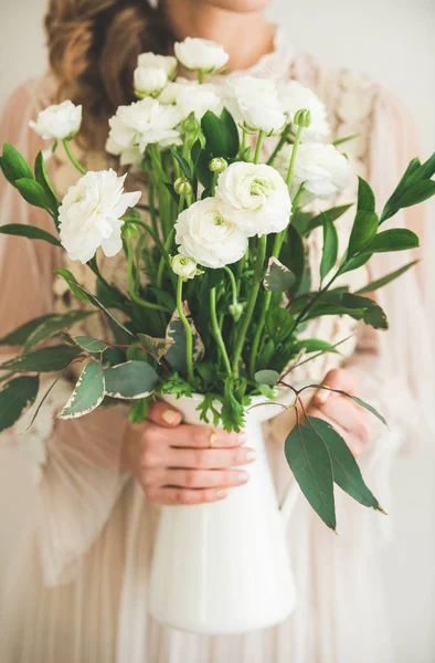 Spring White Buttercup Flowers White Enamel Jug Hands Woman Wedding — Stock Photo, Image