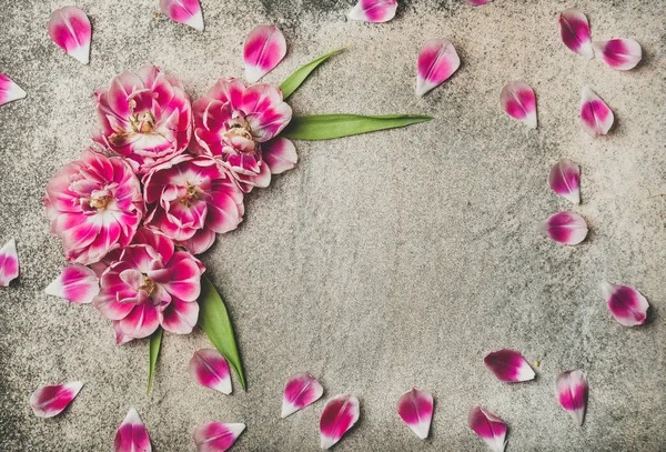 Flat-lay of pattern frame made of pink tulip flower petals over rough grey concrete background, top view, copy space. Saint Valentines or Lovers Day holiday concept