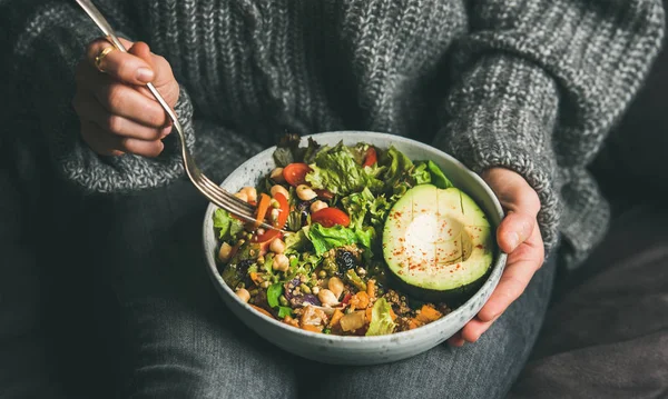 Healthy Vegetarian Dinner Woman Jeans Warm Sweater Holding Bowl Fresh — Stock Photo, Image