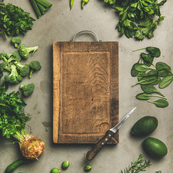Mise Page Des Ingrédients Végétaliens Sains Plat Couche Légumes Verts — Photo