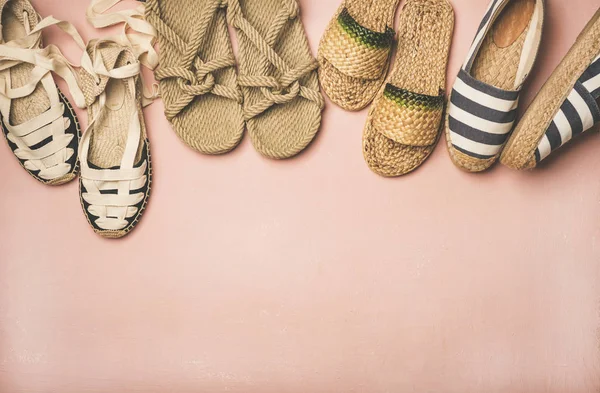 Variety Trendy Summer Shoes Flat Lay Various Espadrilles Sandals Flip — Stock Photo, Image