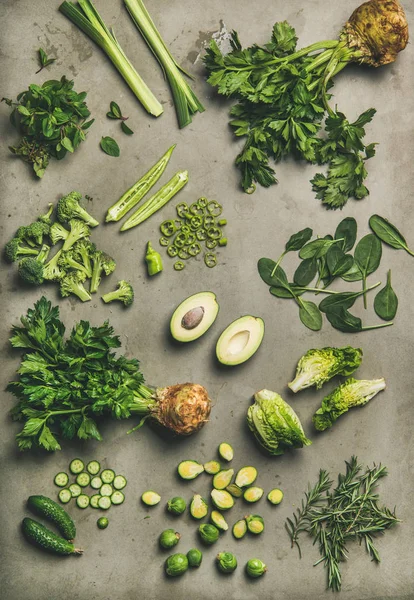 Mise Page Des Ingrédients Végétaliens Sains Plat Couche Légumes Verts — Photo