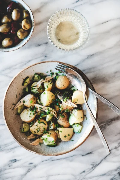 Healthy Light Summer Lunch Dinner Greek Style Potato Salad Marinated — Stock Photo, Image