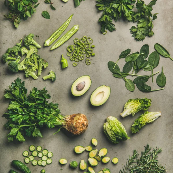 Mise Page Des Ingrédients Végétaliens Sains Pose Plate Légumes Verts — Photo