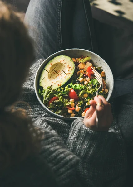 Healthy Vegetarian Dinner Woman Jeans Woolen Sweater Holding Bowl Fresh — Stock Photo, Image