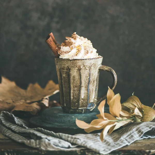 Podzimní Nebo Zimní Horká Čokoláda Nebo Káva Šlehačkou Skořinou Venkovním — Stock fotografie