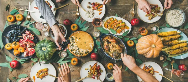 Thanksgiving Friendsgiving Holiday Celebration Flat Lay Friends Feasting Thanksgiving Day Royalty Free Stock Images