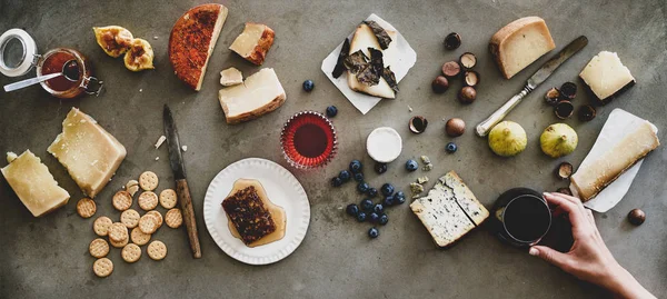 Wine Snack Variety Flat Lay Cheeses Honey Fruit Nuts Crackers — Stock Photo, Image