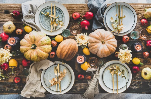 Fall Table Setting Thanksgiving Day Party Family Gathering Dinner Flat — Stock Photo, Image