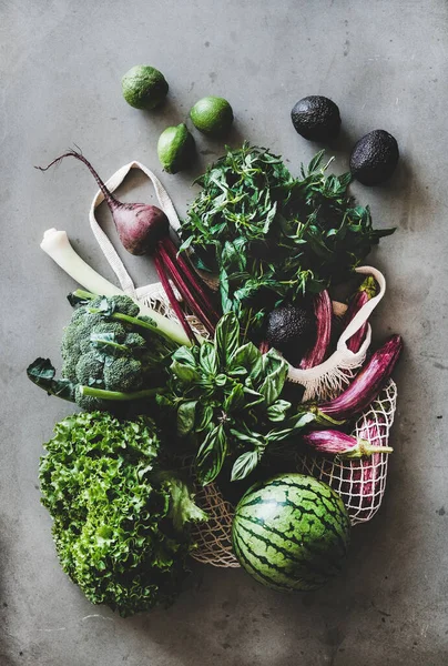 Hälsosamma Matvaror Platt Lay Nätkasse Full Grönsaker Frukt Greener Från — Stockfoto