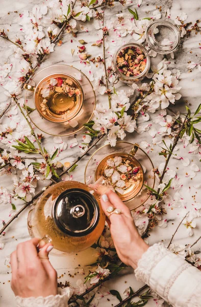 Colocación Plana Manos Femeninas Sosteniendo Tetera Con Negro Con Flores —  Fotos de Stock