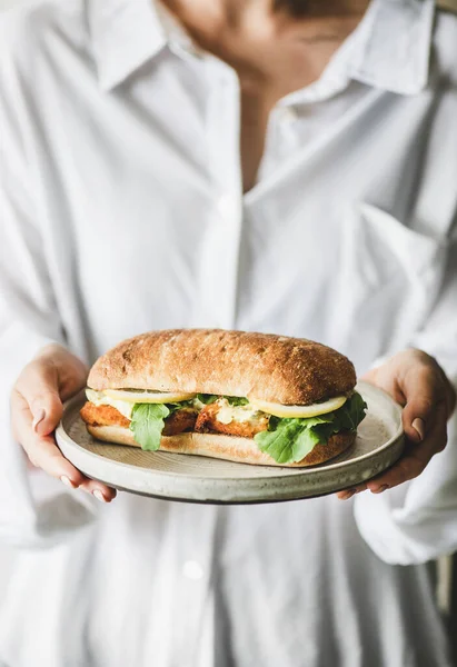 Woman White Shirt Holding Plate Fresh Fried Fish Sandwich Tartare — Stock Photo, Image