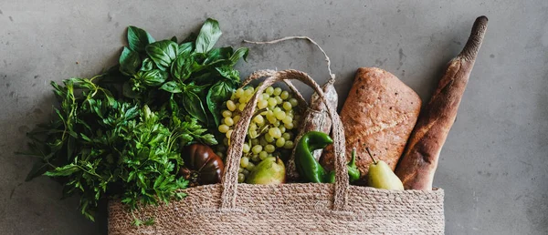 Flat Lay Compras Supermercado Saudável Eco Friendly Saco Com Legumes — Fotografia de Stock