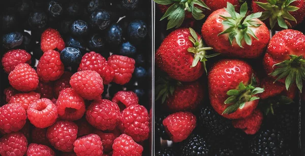 Healthy Summer Vegan Lunch Flat Lay Fresh Seasonal Strawberries Raspberries — Stock Photo, Image