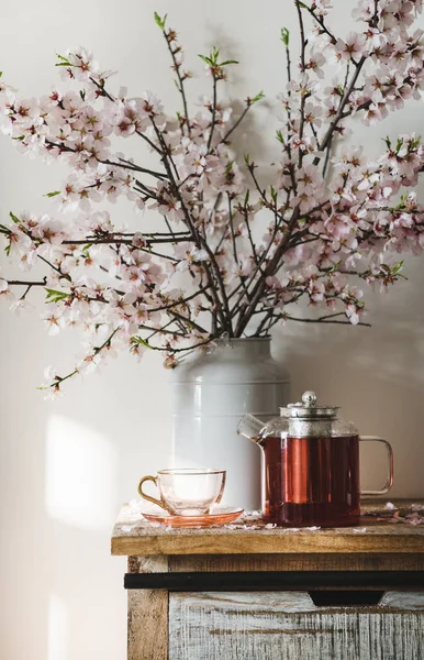 Hot Black Tea Rustic Wooden Cupboard Blooming Almond Tree Branches Stock Picture