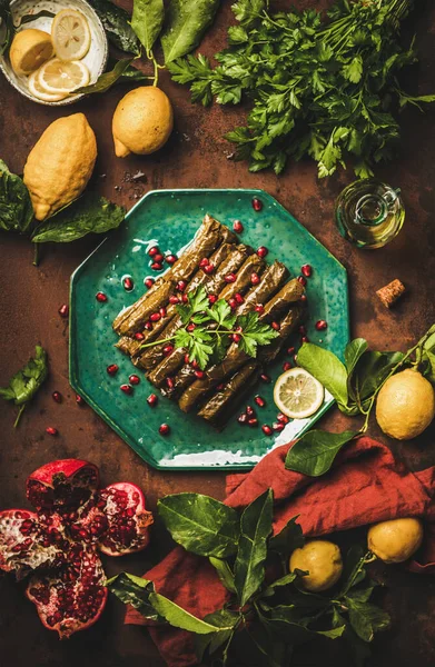 トルコの伝統的なスターターメゼ サルマワインのフラットレイアウトは ラスティテーブルの背景にザクロ オリーブオイル レモンとスパイス トップビューで満たされた葉 トルコ地方料理 — ストック写真