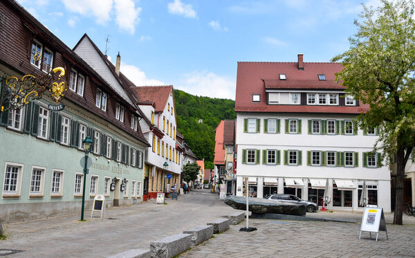 Blaubeuren, Germany - May 28, 2020: Streets of small town Blaubeuren in the district of Alb-Donau near Ulm.