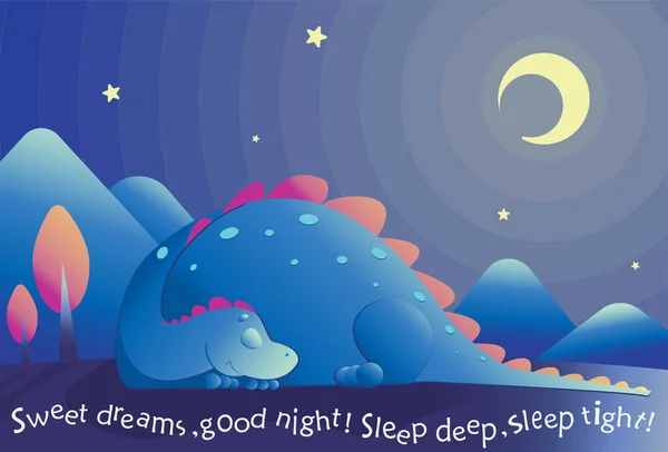 Ilustración vectorial de lindo dragón dormido con luna y estrellas. Objetos aislados . — Archivo Imágenes Vectoriales