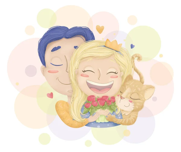 Joyeux anniversaire. Homme étreint et félicite une femme, Couple amoureux de fleurs. Design mignon plat illustration numérique . — Photo