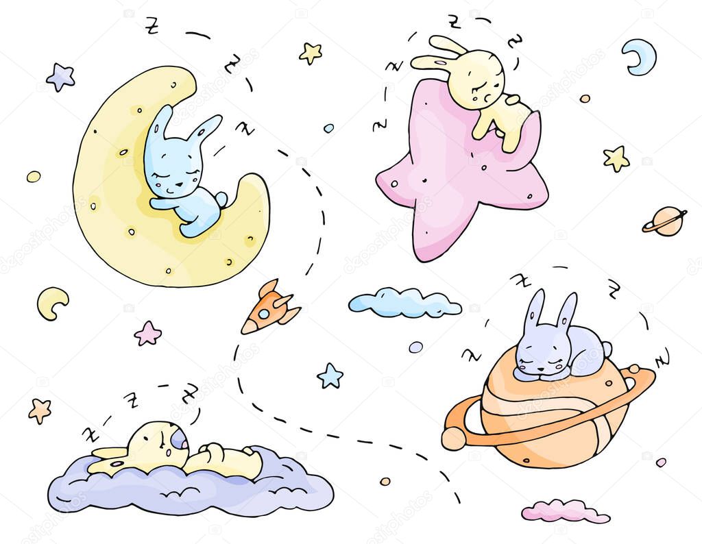 cute rabbits and sky objects, vector tender set for nurcery