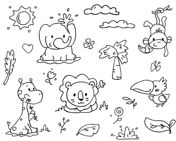 Cute outlined jungle animals collection. Vector illustration. — Stock Vector