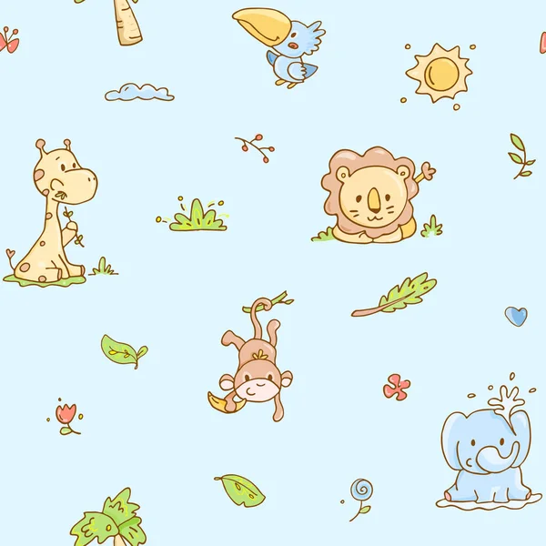 Adorable seamless pattern with baby animals, tropical jungle theme on baby blue background — Stock Vector