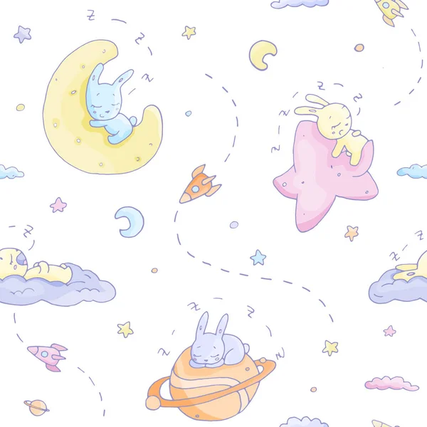 Patrón de bebé sin costuras adorables conejos dormidos en la luna — Archivo Imágenes Vectoriales