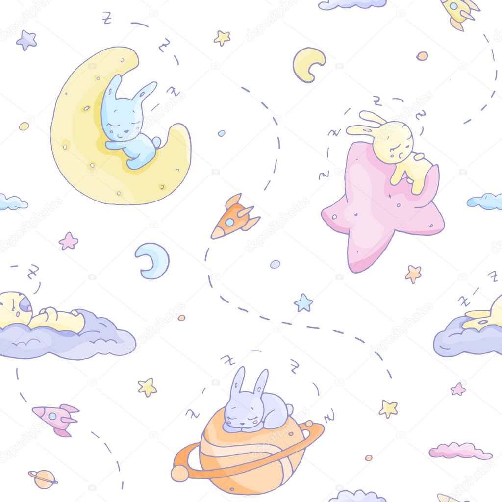 seamless baby pattern adorable sleeping rabbits on the moon