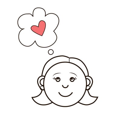 Bir insan kafasının izole vektör çizimi, rüya gören bir kızın doğrusal görüntüsü, aşk hakkındaki düşünceleri olan bir kadının doğrusal görüntüsü, tasarım için boş, simgeler.