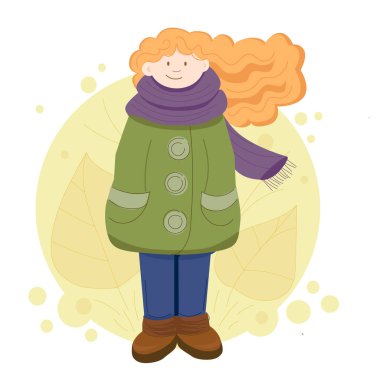 Eşarplı bir kızla vektör görüntüsü; arka planda sarı yapraklı sonbahar kompozisyonu, ceket ve çizmeli kız, gelişmekte olan turuncu saçlı, mutlu sonbahar sabahı.