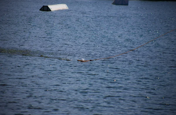 Der Griff Den Man Beim Wakeboardfahren Hält Springt Aufs Wasser — Stockfoto