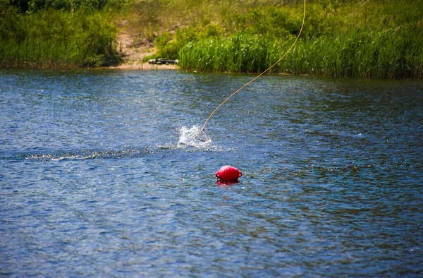 Handtaget Som Håller Medan Rider Wakeboard Hoppar Vattnet — Stockfoto