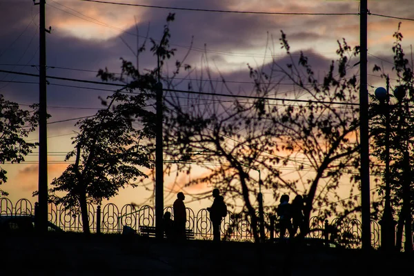 Silhouette Man Sunset Background Sity — Stock Photo, Image