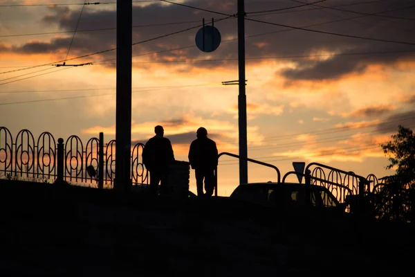 Silhouette Man Sunset Background Sity — Stock Photo, Image