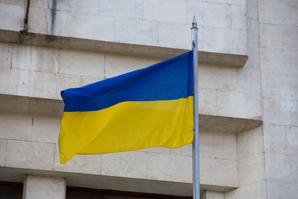 National flag of independent Ukraine waving in the wind