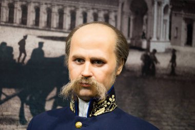 Kyiv, Ukrayna 09.01.2020: Taras Hryhorovych Shevchenko 'nun balmumu heykeli