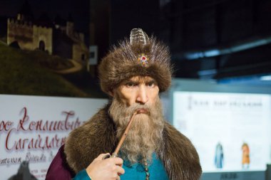 Kyiv, Ukrayna 09.01.2020: Zaporozhian Sich Kazağının balmumu heykeli